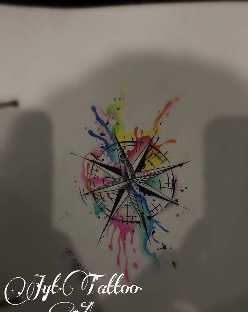 指南针纹身图片_手臂腿部水彩纹身图案