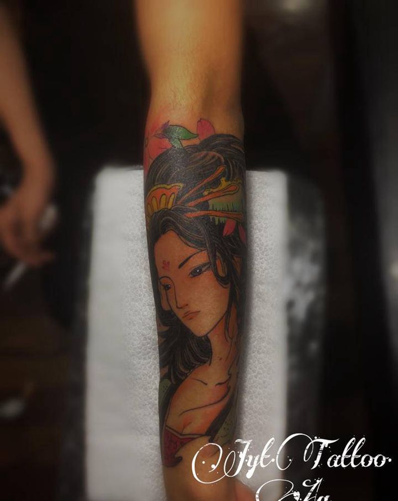 艺妓纹身图片_手臂新传统纹身图案