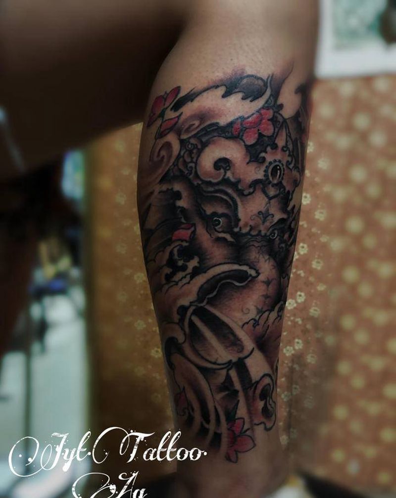 象身上色、线条不是我做的纹身图片_腿部新传统纹身图案