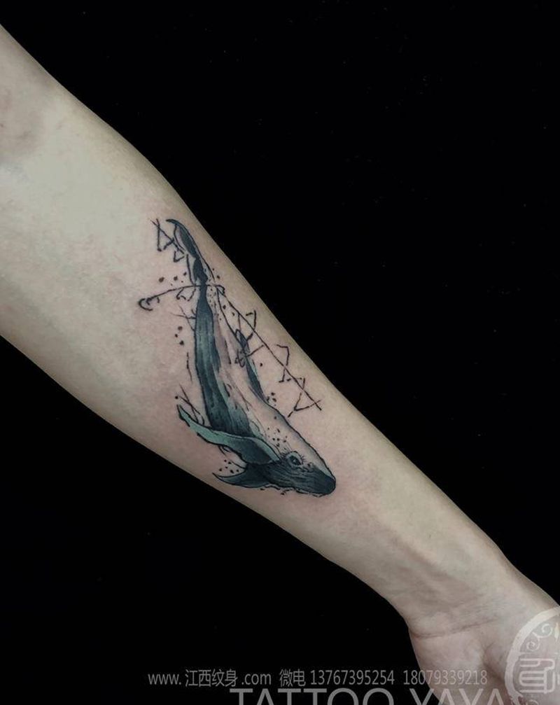 彩色 鲸鱼纹身图片_手臂水彩纹身图案
