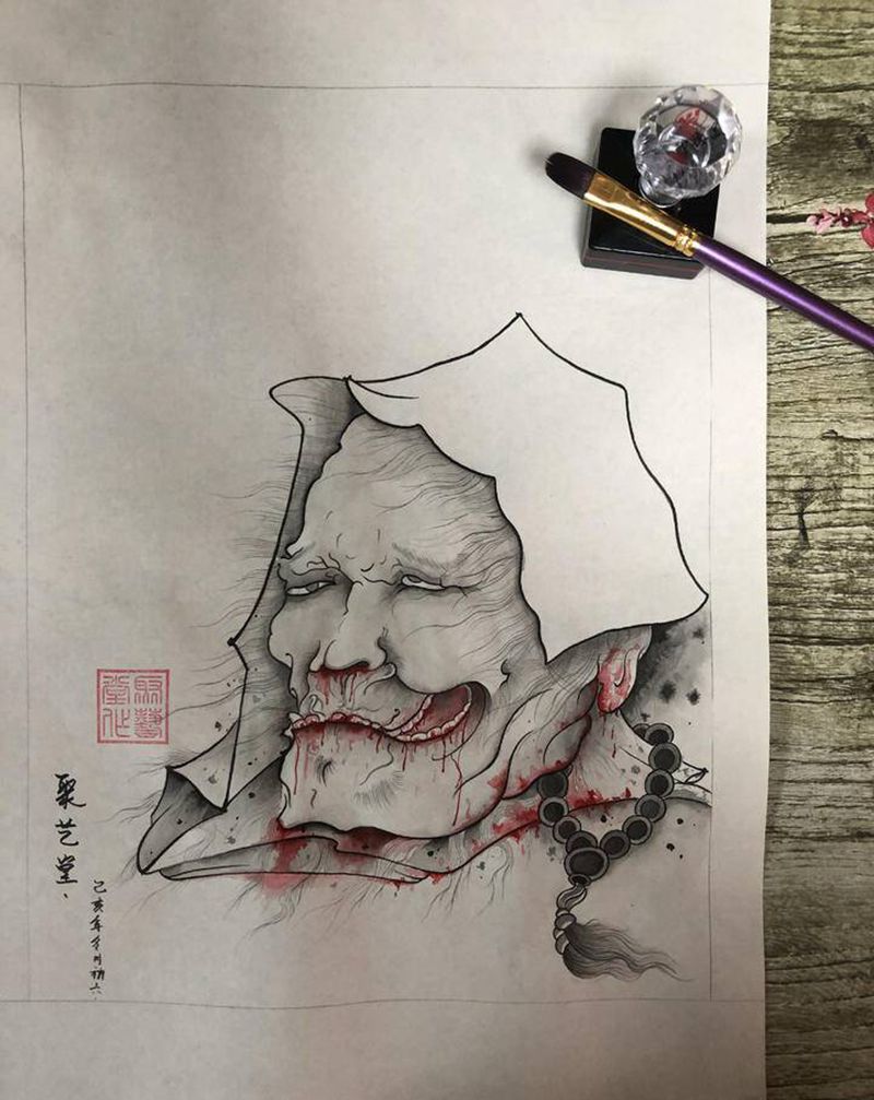 鬼首纹身图片_水墨老传统纹身图案