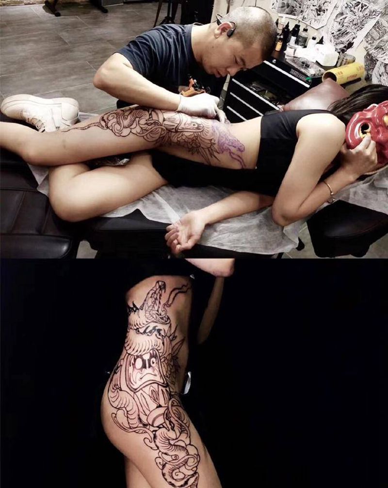 蛇盘达摩蛋纹身图片_腿部臀部Old School纹身图案