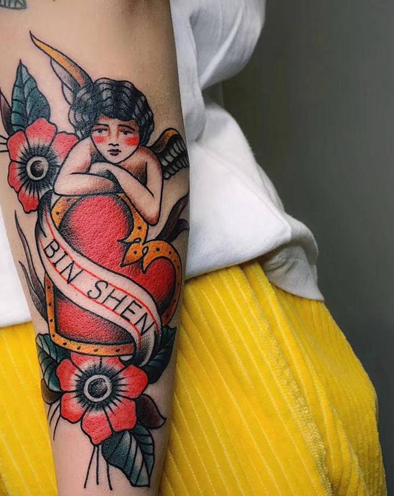 ＃ 一组old school＃纹身图片_手臂腿部Old School老传统玫瑰天使纹身图案