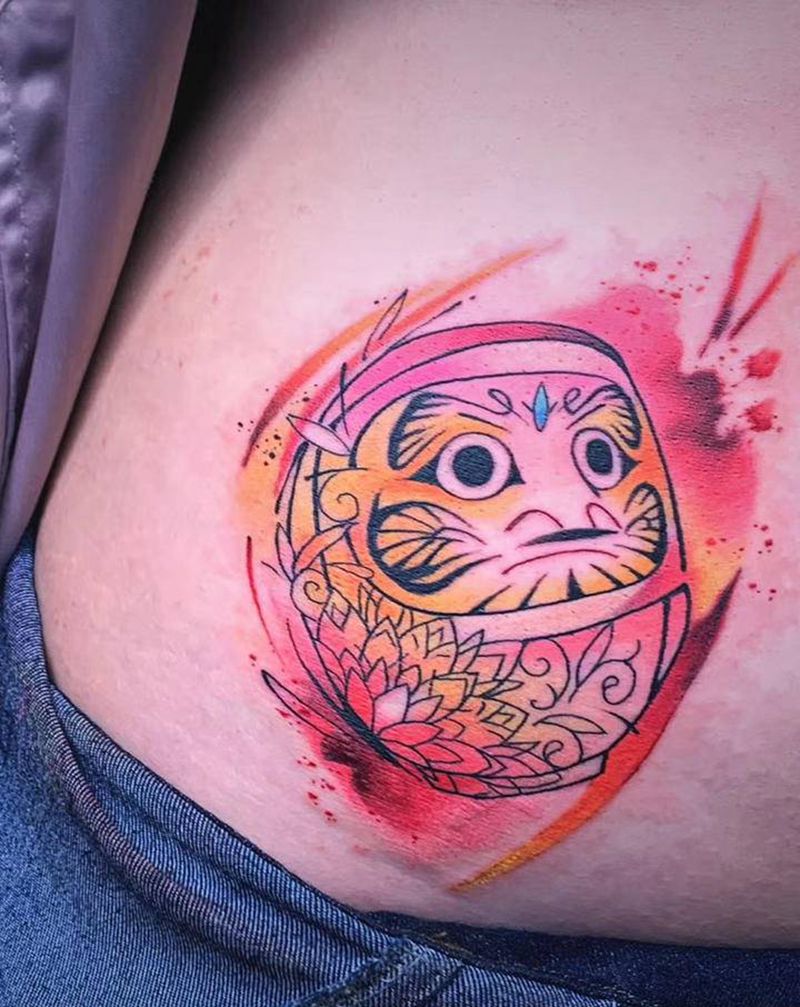 ＃水彩达摩蛋遮盖小清新＃纹身图片_腹部腰部水彩水墨达摩蛋纹身图案