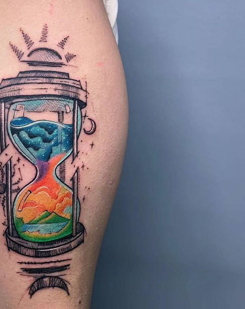 ＃沙漏＃纹身图片_手臂腿部New School水彩沙漏纹身图案