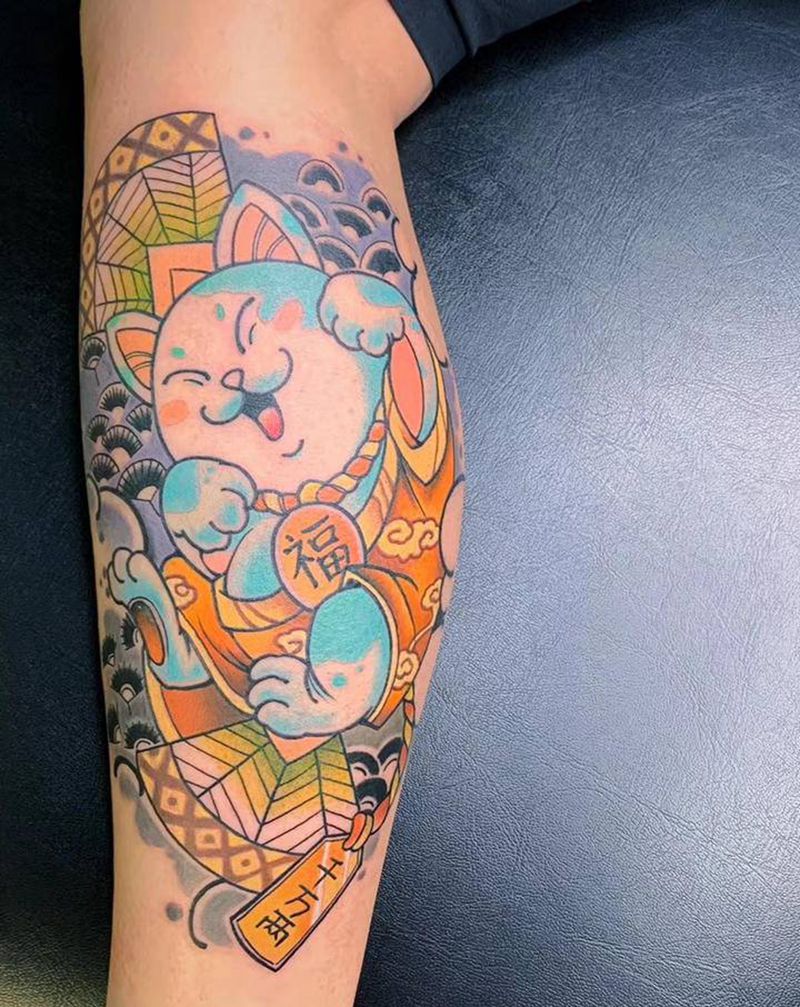 ＃传统招财猫＃纹身图片_腿部手臂老传统新传统招财猫纹身图案