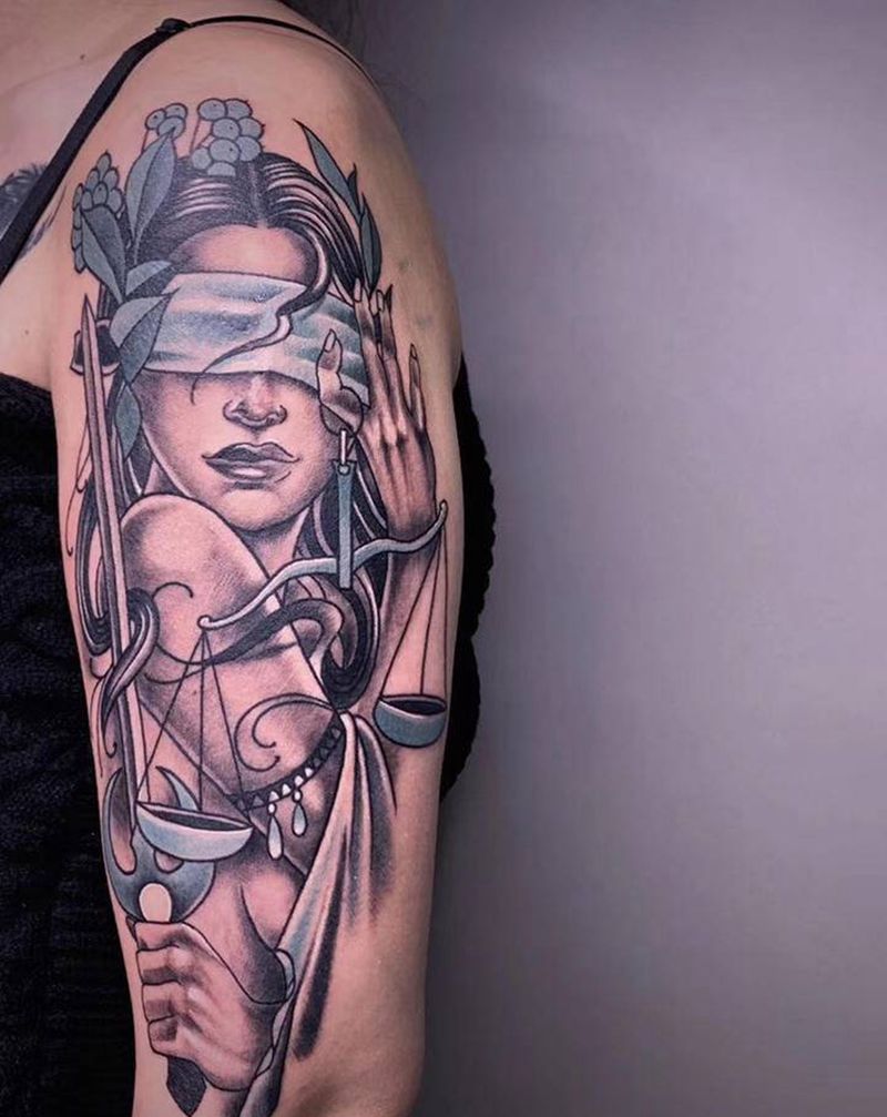 ＃ 天秤女＃纹身图片_手臂欧美写实New School天秤座纹身图案