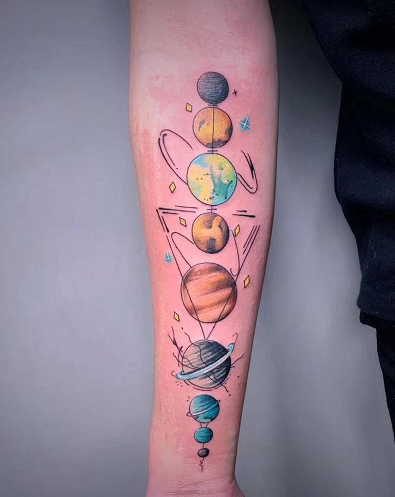 ＃ 彩色星球＃纹身图片_手臂New School水彩星球宇宙纹身图案