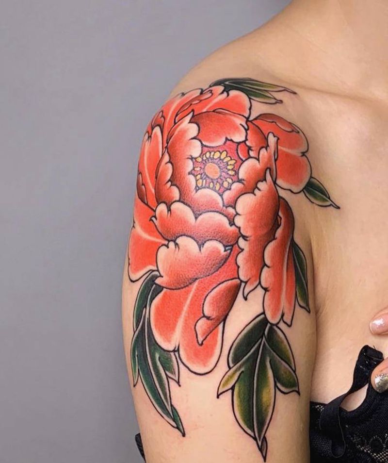 ＃牡丹＃纹身图片_肩部手臂新传统老传统牡丹纹身图案