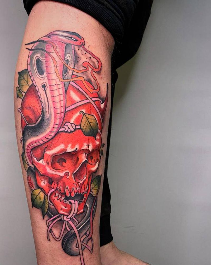 ＃骷髅＃纹身图片_手臂腿部新传统水彩骷髅蛇纹身图案