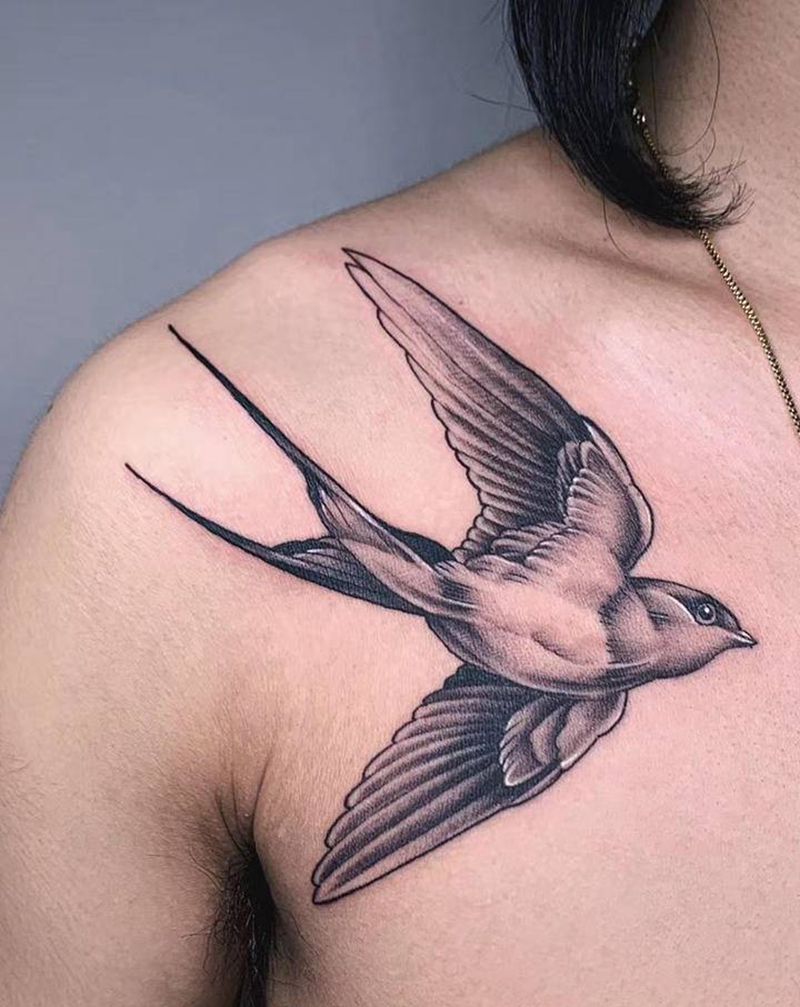 ＃燕子＃纹身图片_胸部肩部欧美写实新传统燕子纹身图案