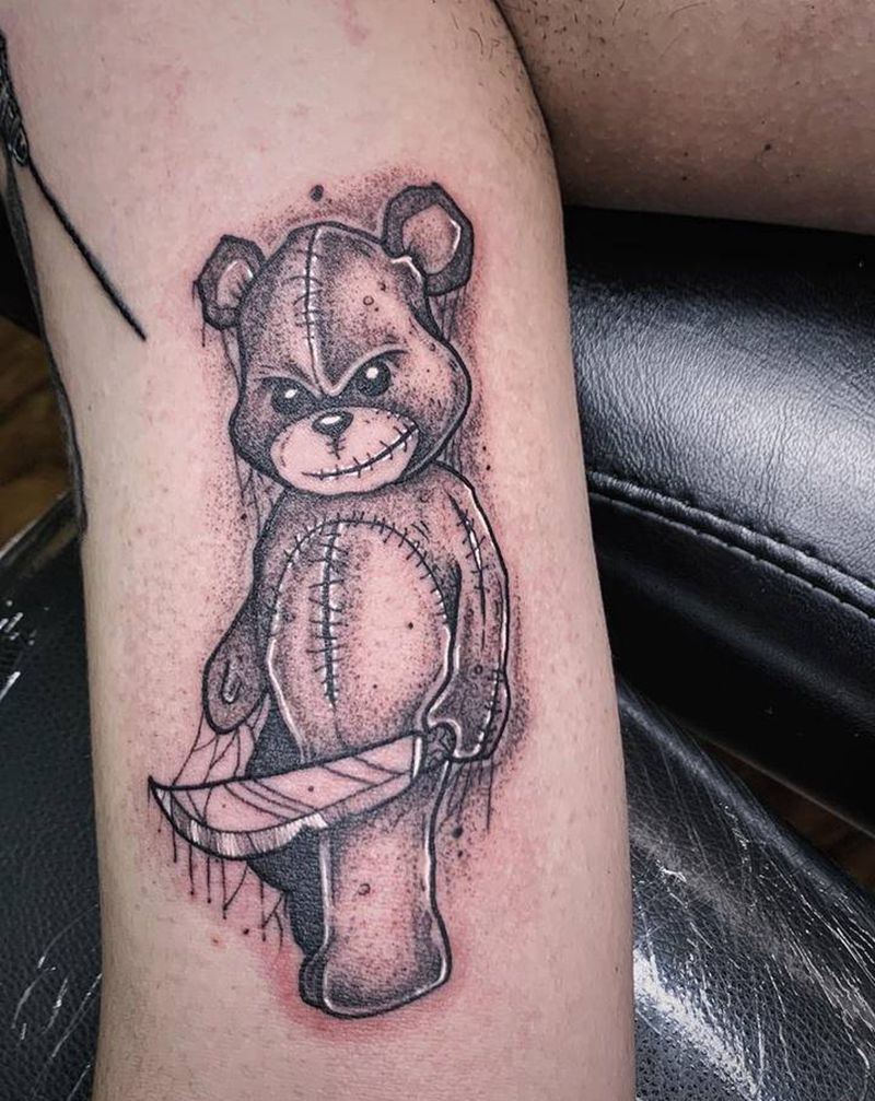 暗黑风格酷酷的小熊纹身图片_手臂腿部点刺几何暗黑纹身图案
