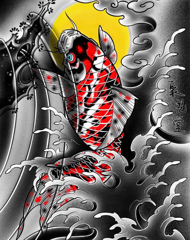 浪花鲤鱼纹身图片_新传统纹身图案