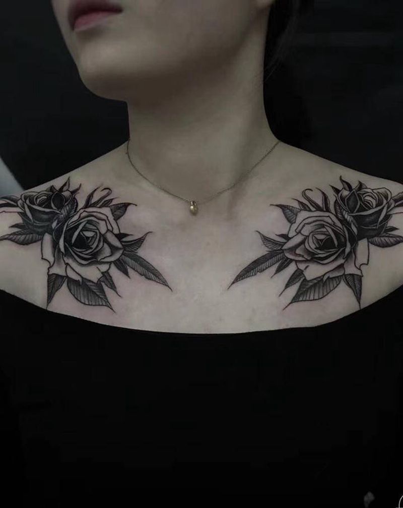 双肩花纹身图片_胸部肩部New School暗黑花纹身图案