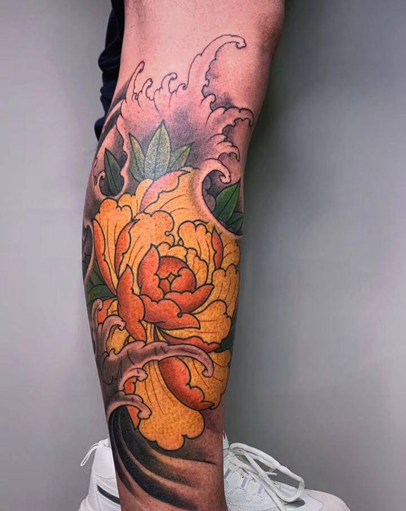 ＃牡丹＃纹身图片_手臂腿部新传统老传统牡丹浪花水浪纹身图案
