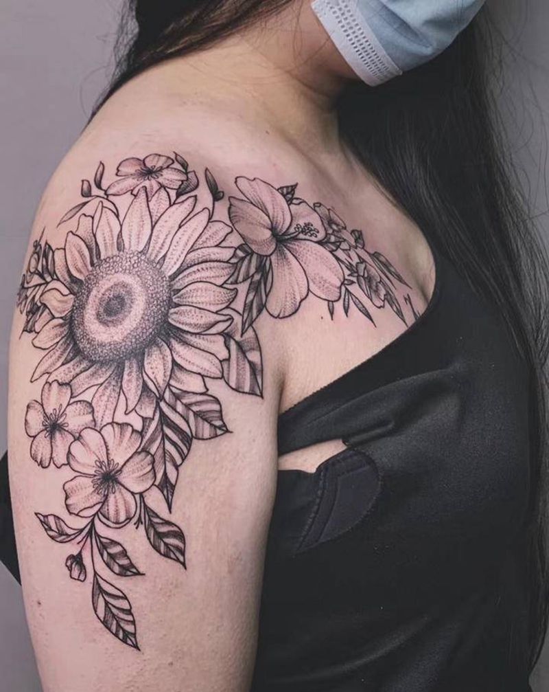 ＃肩部素花＃纹身图片_肩部手臂几何点刺素花向日葵纹身图案