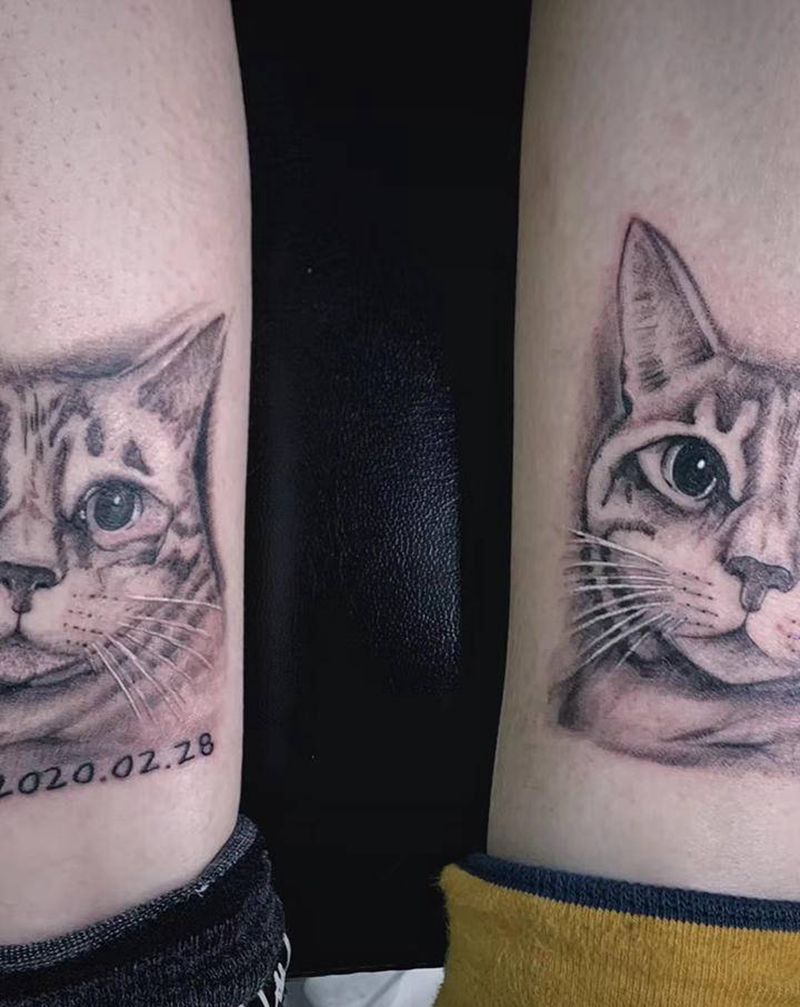 ＃一家人＃纹身图片_手臂腿部欧美写实素描猫纹身图案