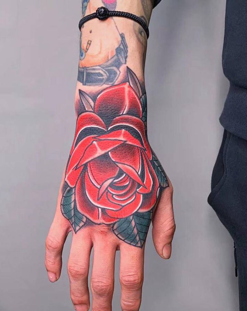 #玫瑰#纹身图片_手臂手部Old SchoolNew School玫瑰手背纹身图案
