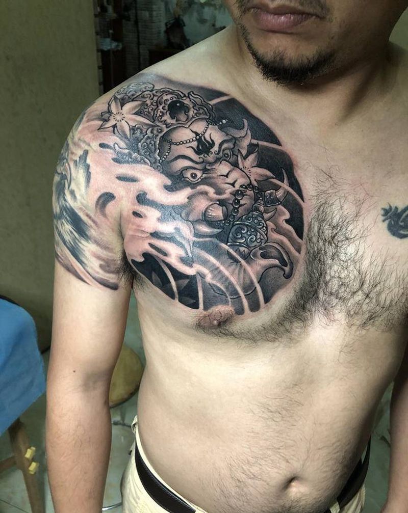 象神纹身图片_胸部老传统新传统象神花胸象神花胸纹身图案