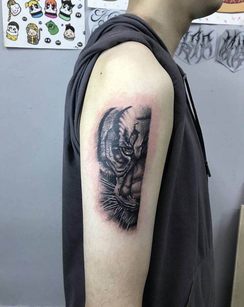 虎纹身图片_颈部手臂几何纹身图案