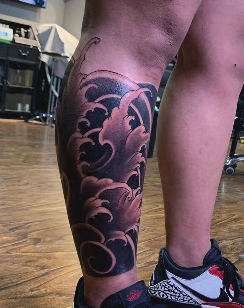 ＃起个浪＃浪腿小腿部分纹身图片_腿部老传统浪花纹身图案