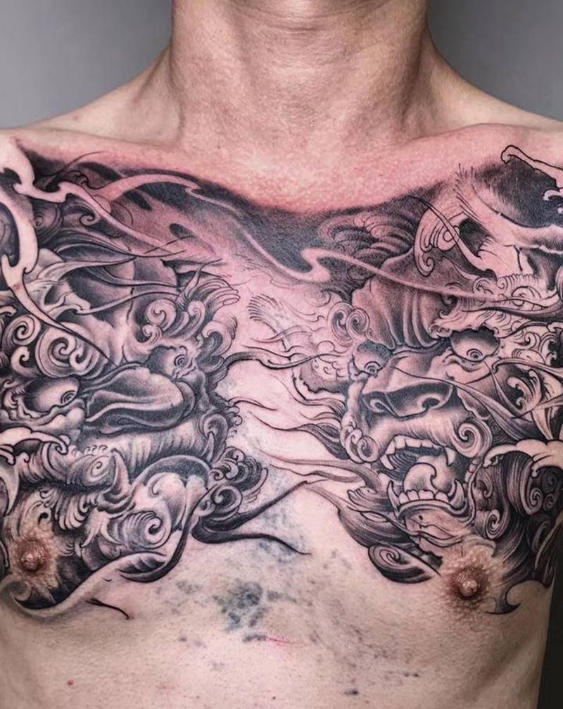 ＃唐狮花胸遮盖＃未完成纹身图片_胸部老传统唐狮遮盖纹身图案