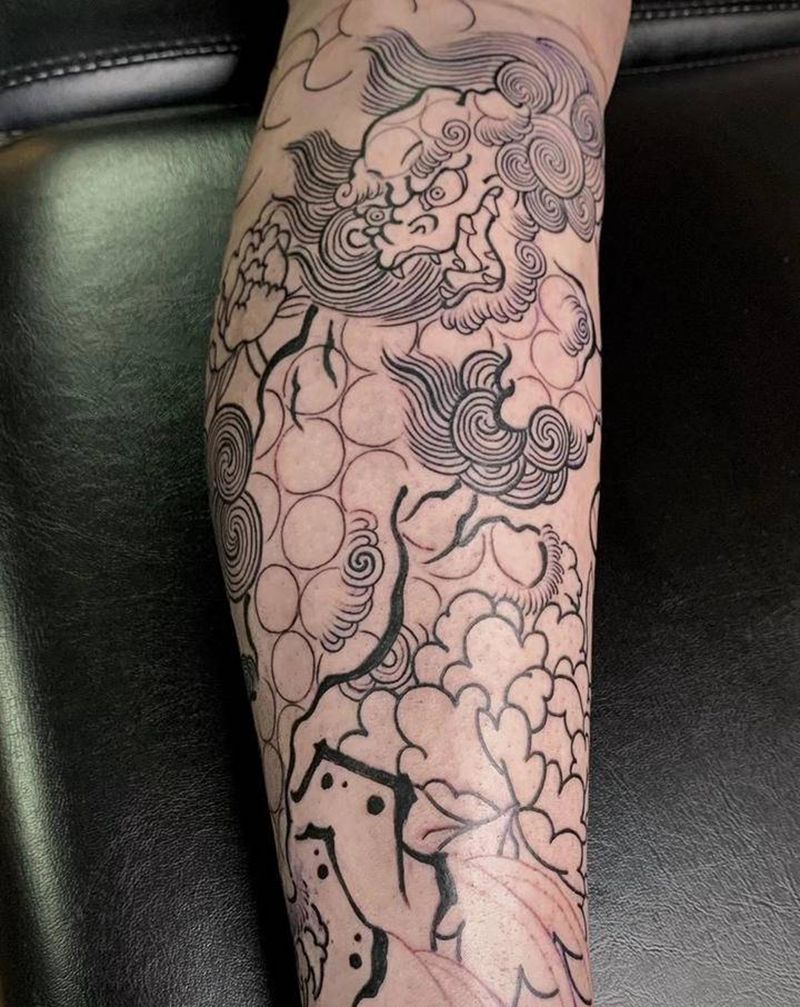 #唐狮包小腿#未完成纹身图片_腿部老传统纹身图案