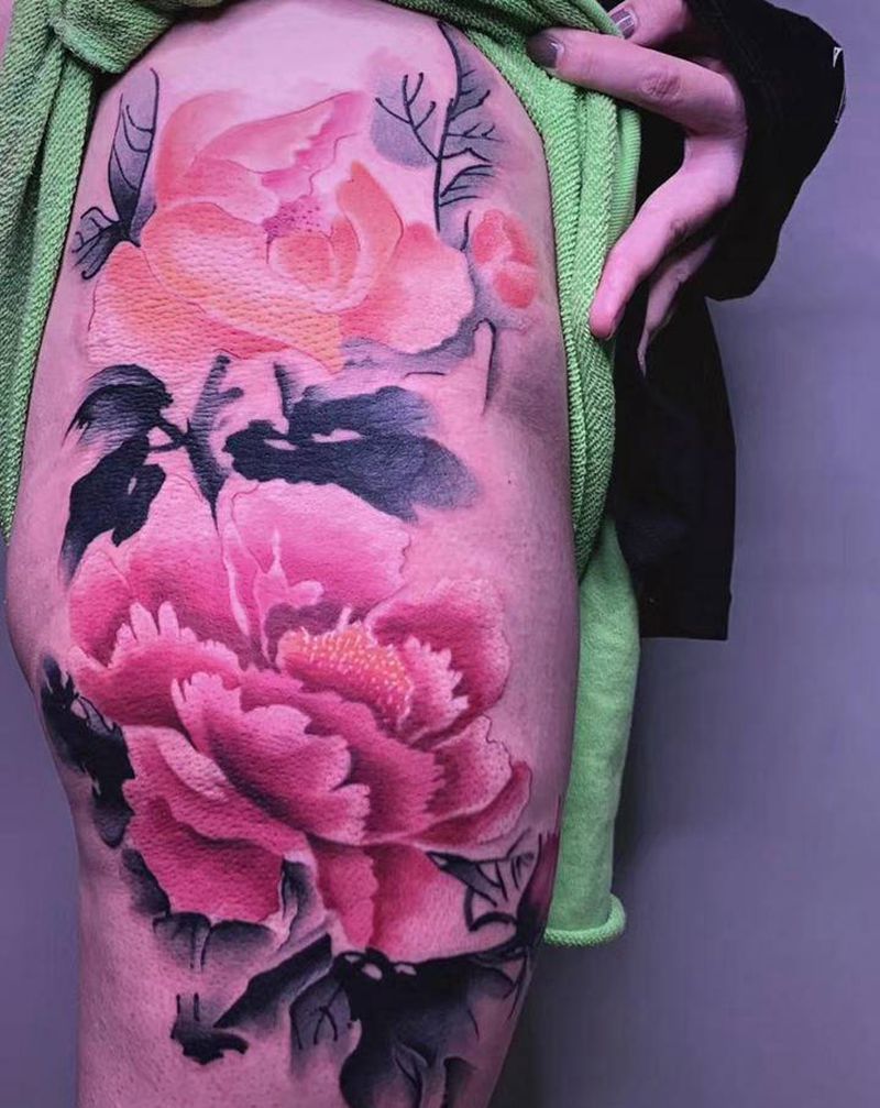 #水墨牡丹#纹身图片_腿部水彩水墨牡丹纹身图案