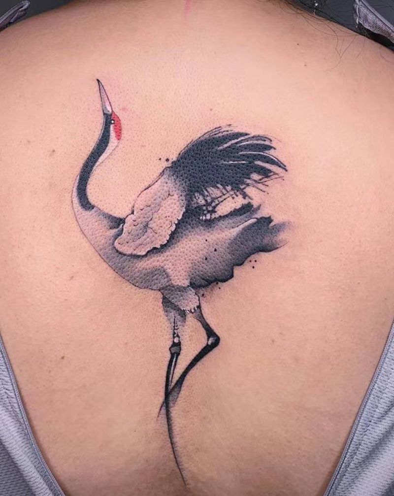 #水墨仙鹤#纹身图片_背部水彩水墨鹤纹身图案