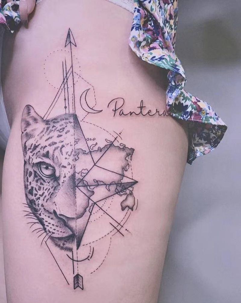 ＃豹＃纹身图片_腿部欧美写实几何豹子纹身图案