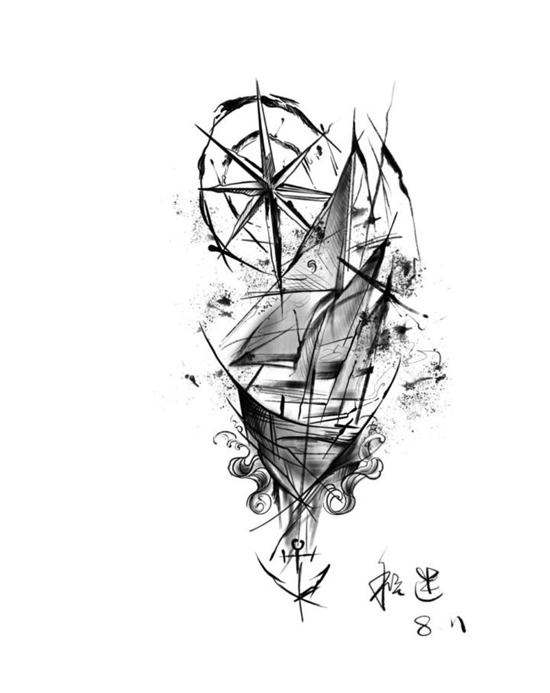 水墨帆船纹身图片_手部手臂水墨几何帆船小臂帆船纹身图案