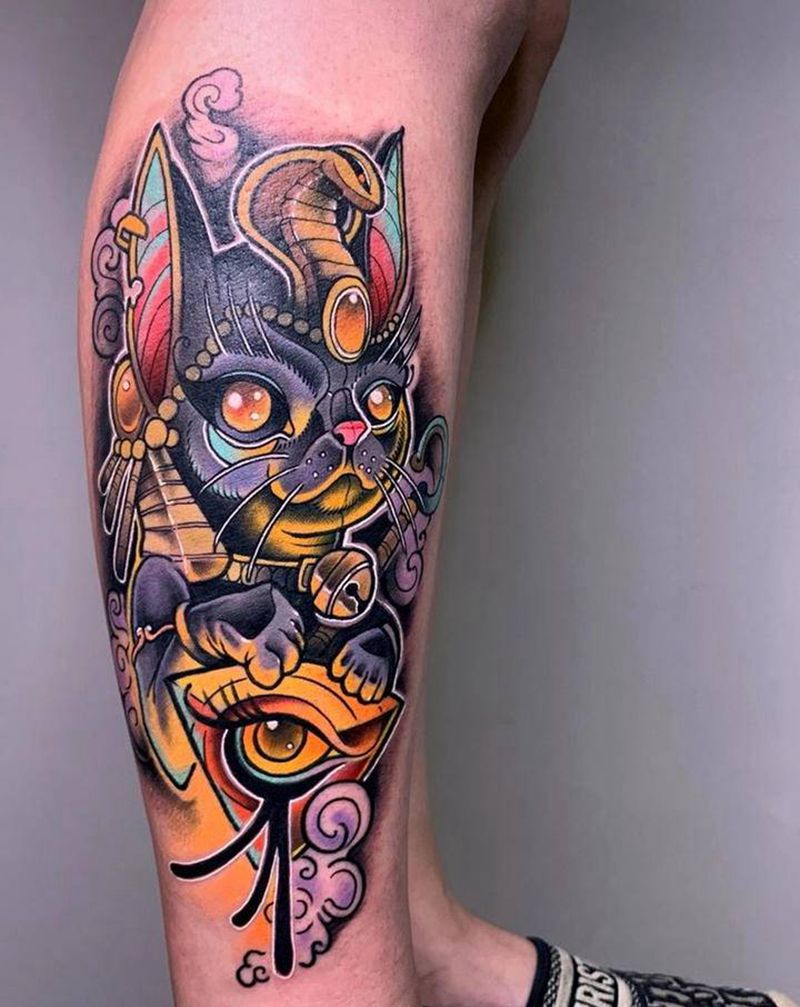 猫纹身图片_手臂腿部New School水彩猫纹身图案