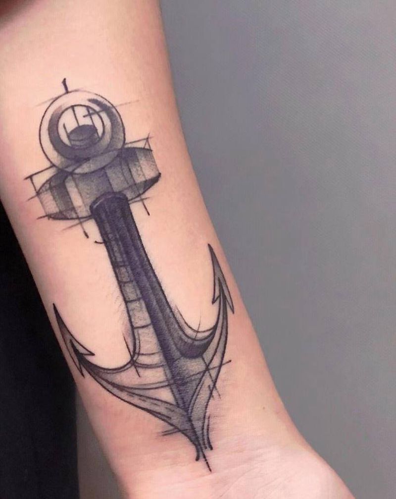 遮盖船锚纹身图片_手臂点刺几何纹身图案