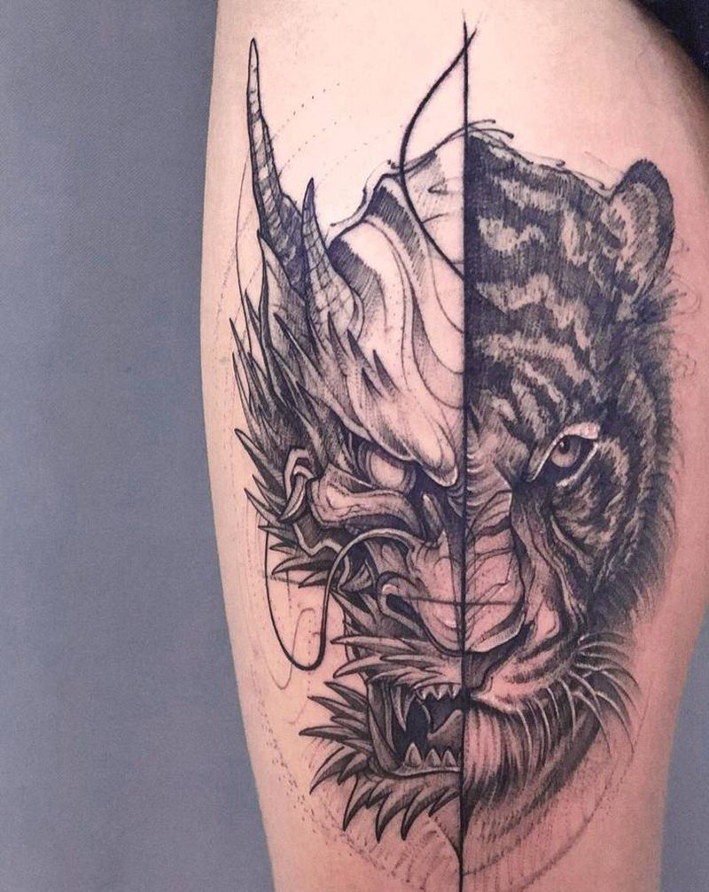 龙虎纹身图片_腿部点刺纹身图案