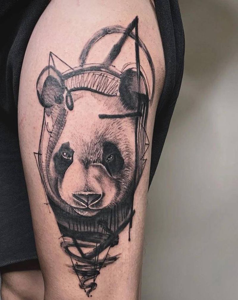 ＃熊猫＃纹身图片_腿部欧美写实水墨熊猫纹身图案