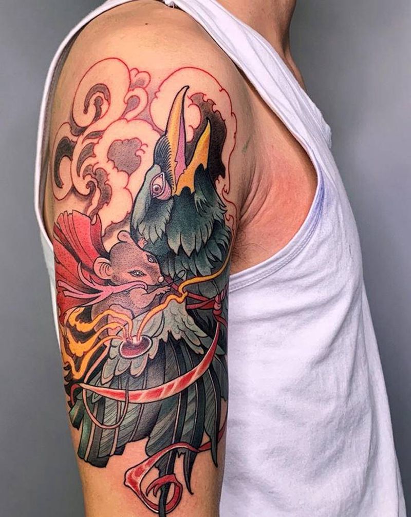 ＃乌鸦＃纹身图片_手臂腿部New School水彩乌鸦纹身图案