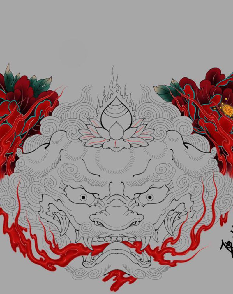 唐狮花胸纹身图片_胸部新传统纹身图案