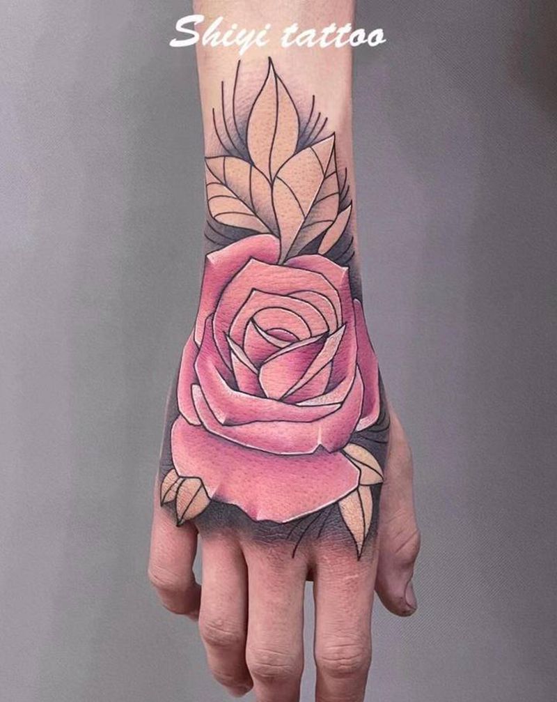 手背玫瑰纹身图片_手部New School水彩纹身图案