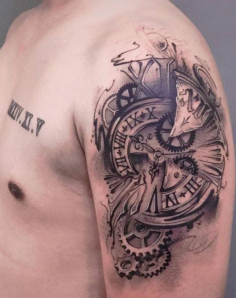 钟表ll纹身图片_手臂欧美写实纹身图案