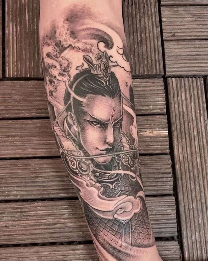 修改二郎神纹身图片_腿部新传统纹身图案