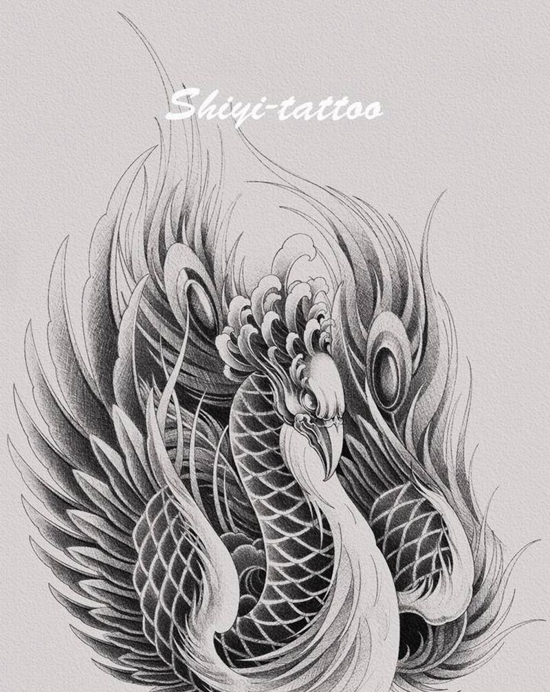 客定凤凰手稿纹身图片_手臂新传统纹身图案