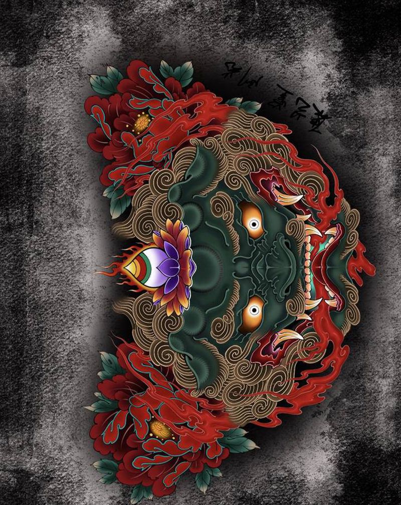 唐狮手稿纹身图片_胸部新传统纹身图案