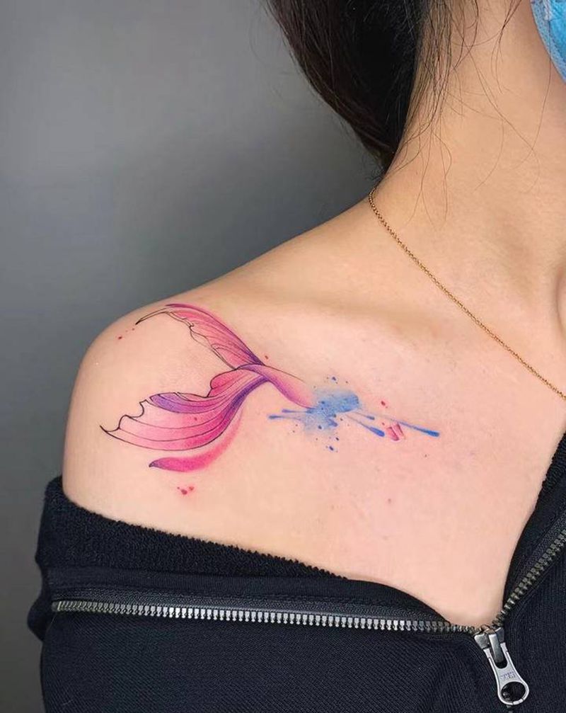 ＃鱼尾＃纹身图片_肩部手臂New School水彩鱼美人鱼鱼尾纹身图案