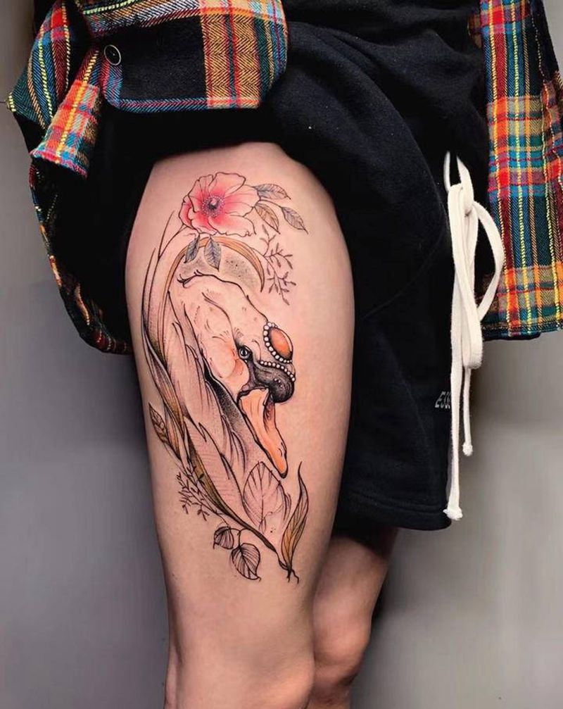 ＃天鹅＃纹身图片_手臂腿部New School水彩天鹅纹身图案