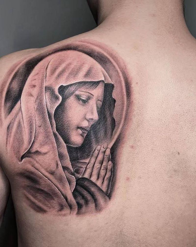 ＃圣母＃纹身图片_肩部背部欧美写实圣母马丽亚纹身图案