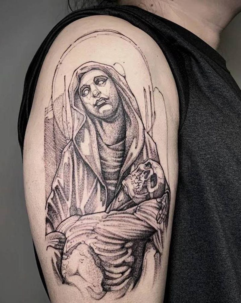 ＃圣母＃纹身图片_手臂腿部欧美写实点刺圣母马丽亚纹身图案