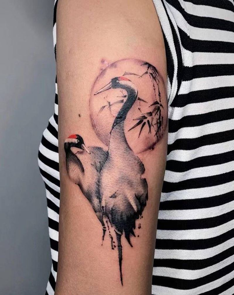 ＃仙鹤＃纹身图片_手臂腿部新传统水墨鹤仙鹤纹身图案