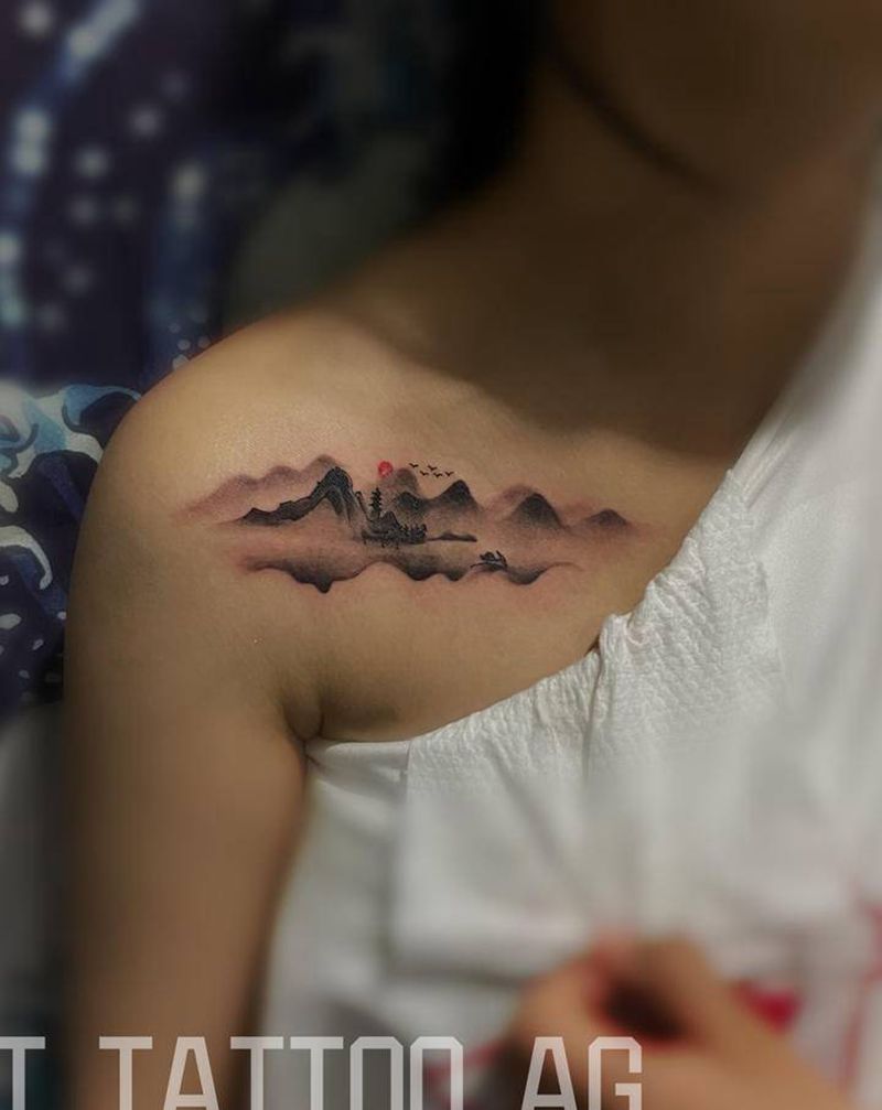 山水、水墨纹身纹身图片_胸部水墨纹身图案