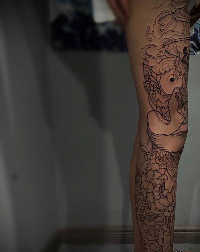 花腿嘎巴拉纹身图片_腿部新传统纹身图案