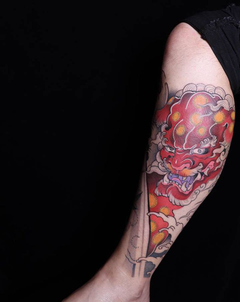 唐狮纹身图片_腿部新传统纹身图案